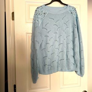 Ice blue women’s sweater with lace shoulders size 2xl
